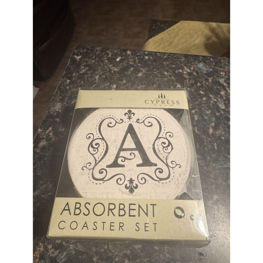 Set Of 4 "A" Monogrammed Cypress Home Absorbent Stone Coasters With Caddy